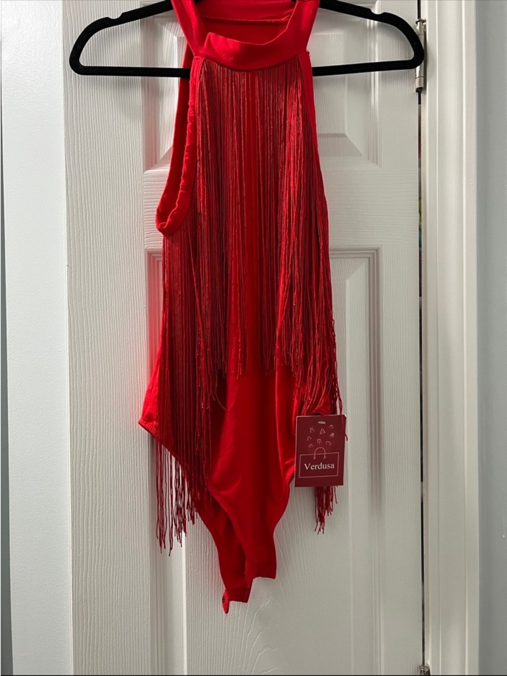 Verdusa Red Fringe Halter Bodysuit with Draped Neckline